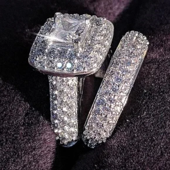 NEW 925 STERLING SILVER 2/SET DIAMOND RING, CUTE RING, SHINY RING. - Picture 1 of 7